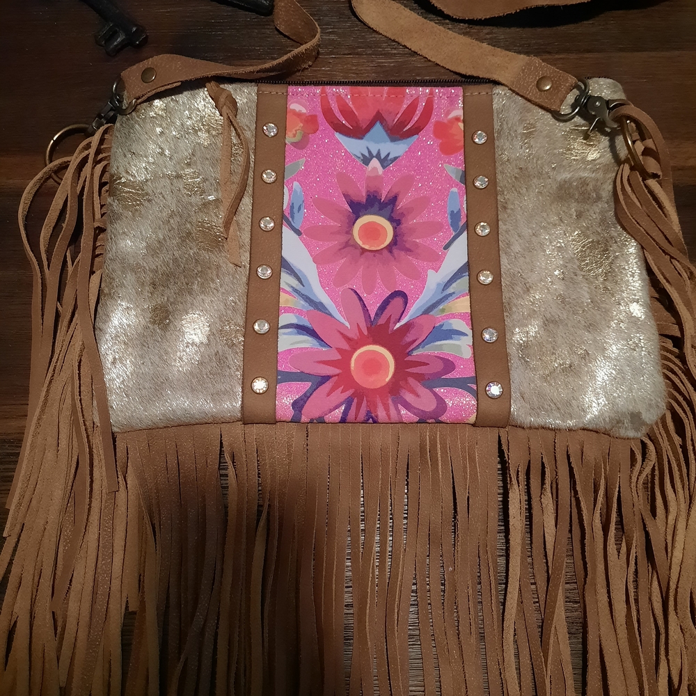 Floral Fringe Shoulder Bag in Pink and Gold
